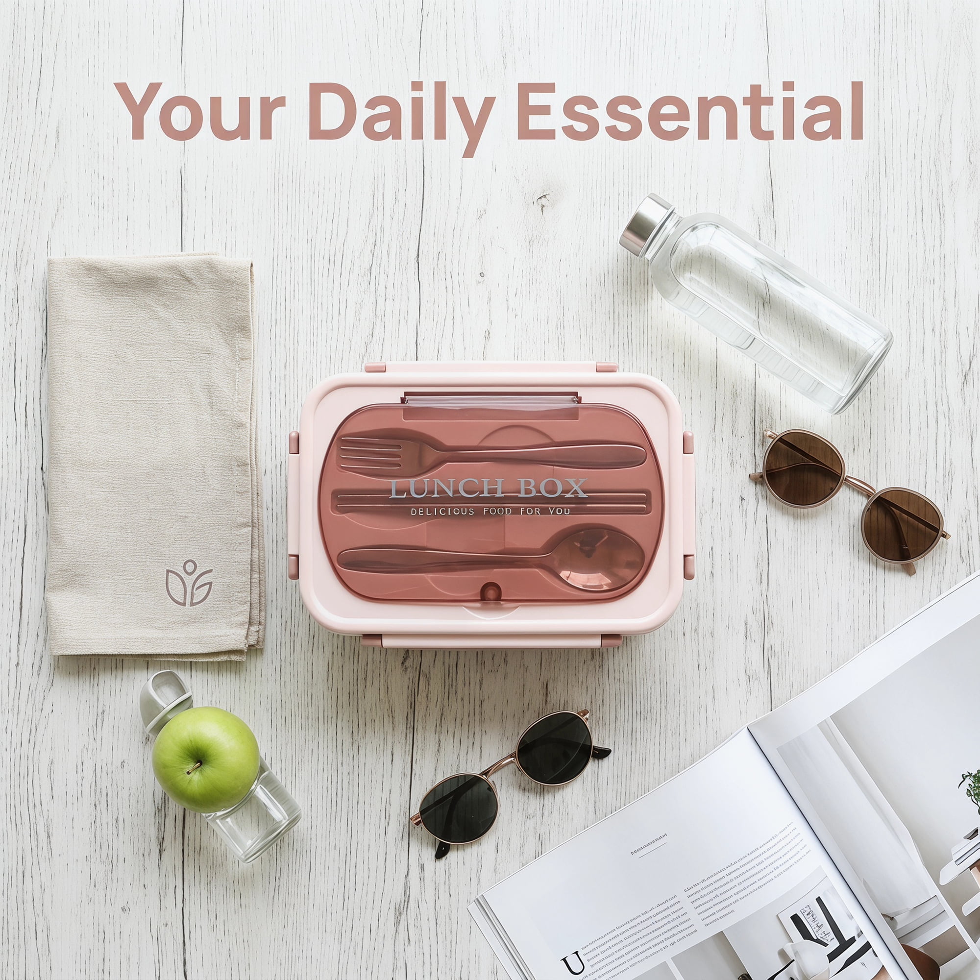 Unique Bargains 3-Compartment Leak-Proof  Lunch Bento Box with Utensils Sakura Pink