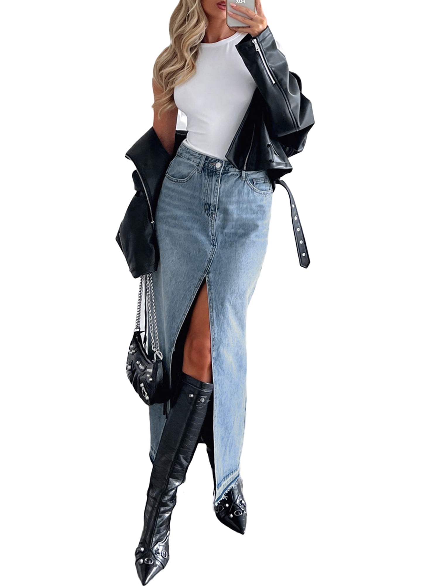 Women Denim Maxi Skirt Casual High Waisted Solid Split Long Jean Skirt Fashion Retro Streetwear