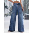 thumbnail image 3 of Pantalones vaqueros de pierna ancha y cintura alta para mujer, pantalones largos de pierna ancha con botones y cintura alta, pantalones largos rectos adelgazantes y holgados a la moda, 3 of 4