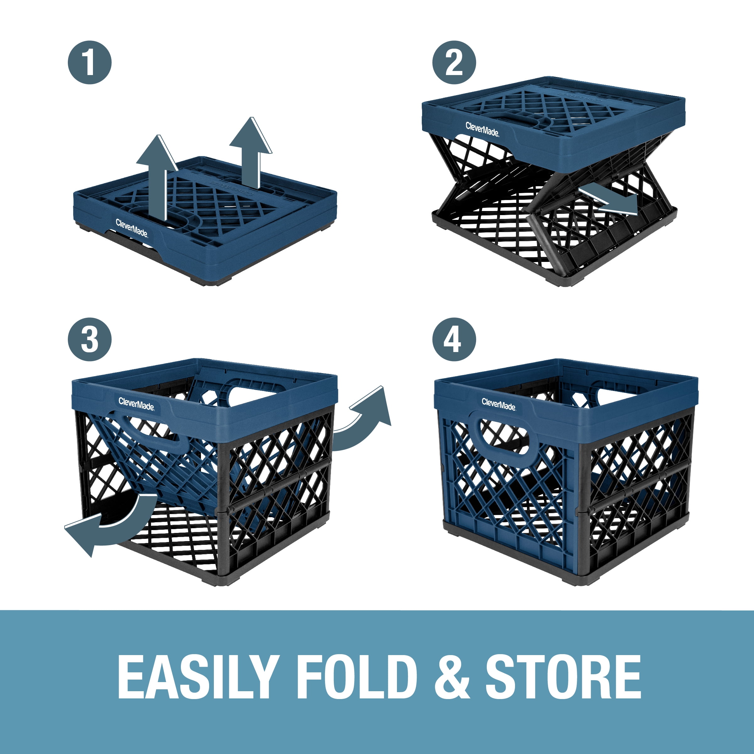 CleverMade Collapsible Eco Plastic Milk Crate, Folding Storage Bin, 6.6 gal, Ocean Navy