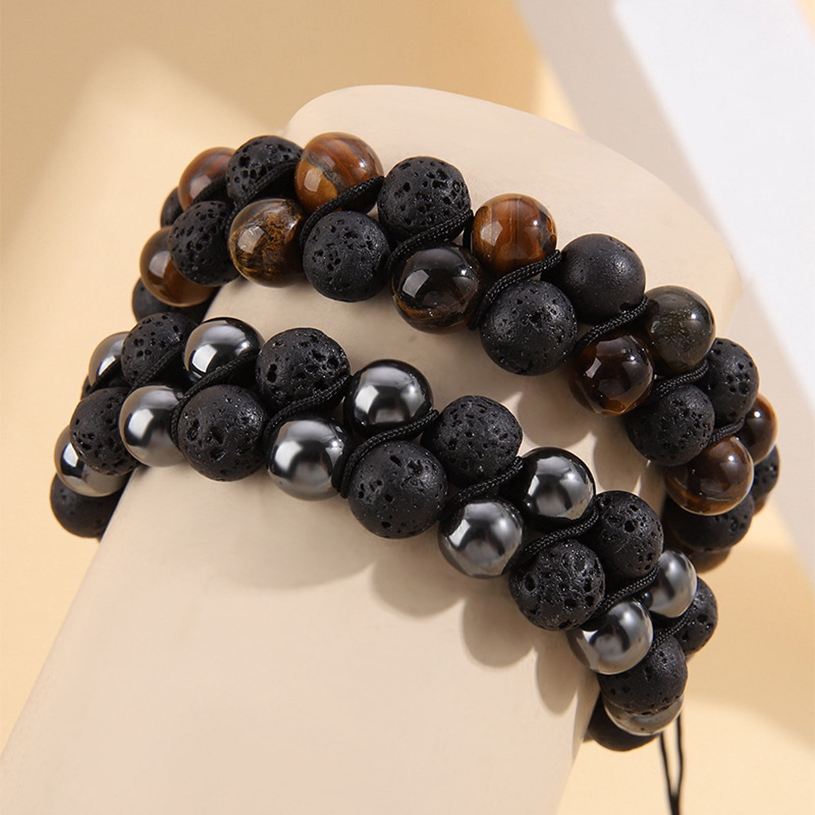 Leasote Beads Bracelet Braided Rope Double Layer Vintage Adjustable Drawstring Decorate Jewelry Tiger Eye Faux Rock Stone Men Anxiety Bracelet for Everyday Life Yellow One Size