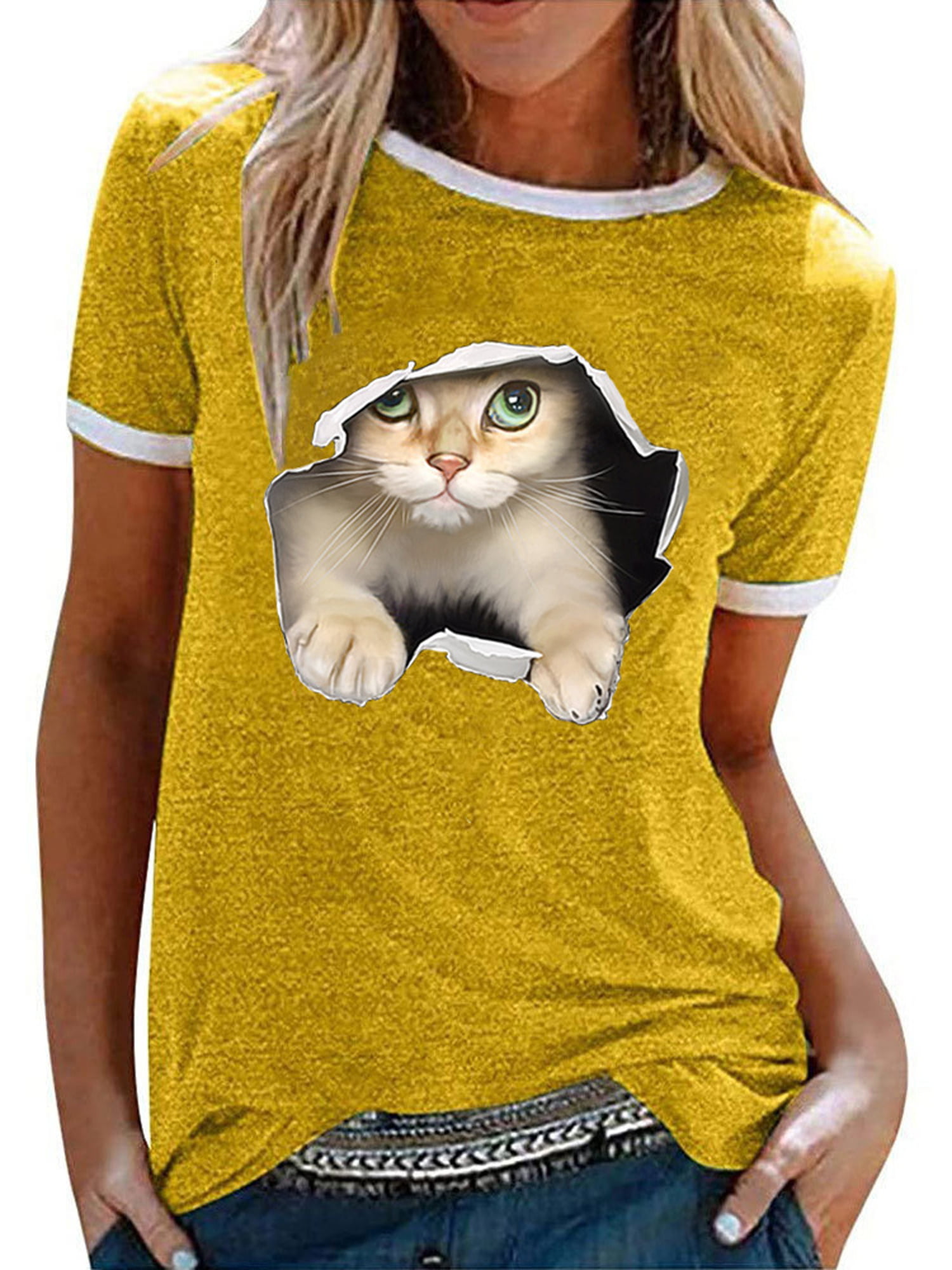 Women Cat Printed Tees Shirt Short Sleeve T Shirt Blouse Tops Loose Ladies Tees 
