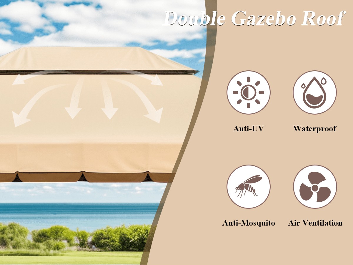 Grezone 10×13 FT Deluxe No Screws Gazebo,Double Roof Outdoor Shelter Tent with Mosquito Nettings and Privacy Screens