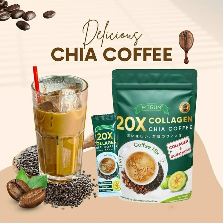 FITGUM 20X Collagen Chia Coffee, 11 in 1 Shape Coffee Mix