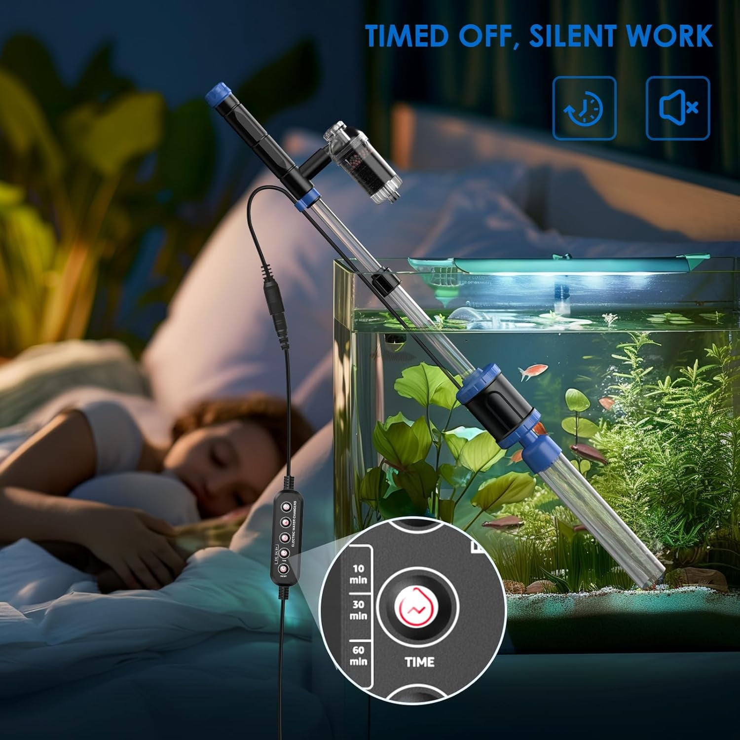Tawatiler Electric Aquarium Vacuum Gravel Cleaner, 48W Fish Tank Cleaner Vacuum with Strong Suction for Water Change Wash Sand Algae Cleaner Water Shower and Water Circulation, Timed Off
