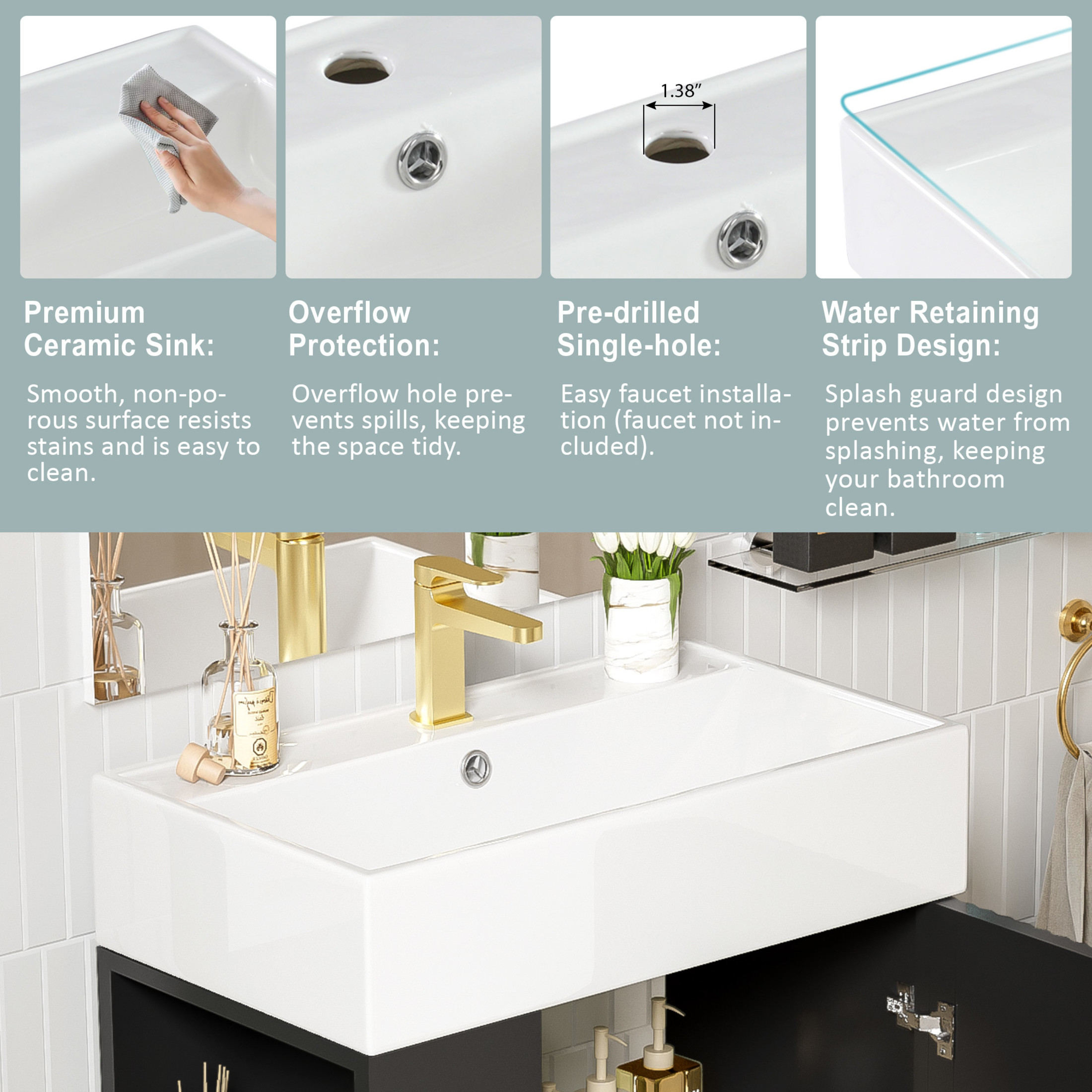 Noble House 21.6" Bathroom Vanity with Ceramic Sink, Left Side Storage Cabinet & Gold Metal Legs, Black