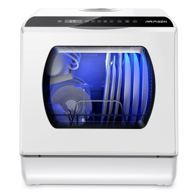 AIRMSEN Lave-vaisselle de Comptoir Portable avec Réservoir d'Eau Intégré de 5 Litres et Fonction de Séchage à l'Air, 5 Programmes de Lavage, AE-TDQR03