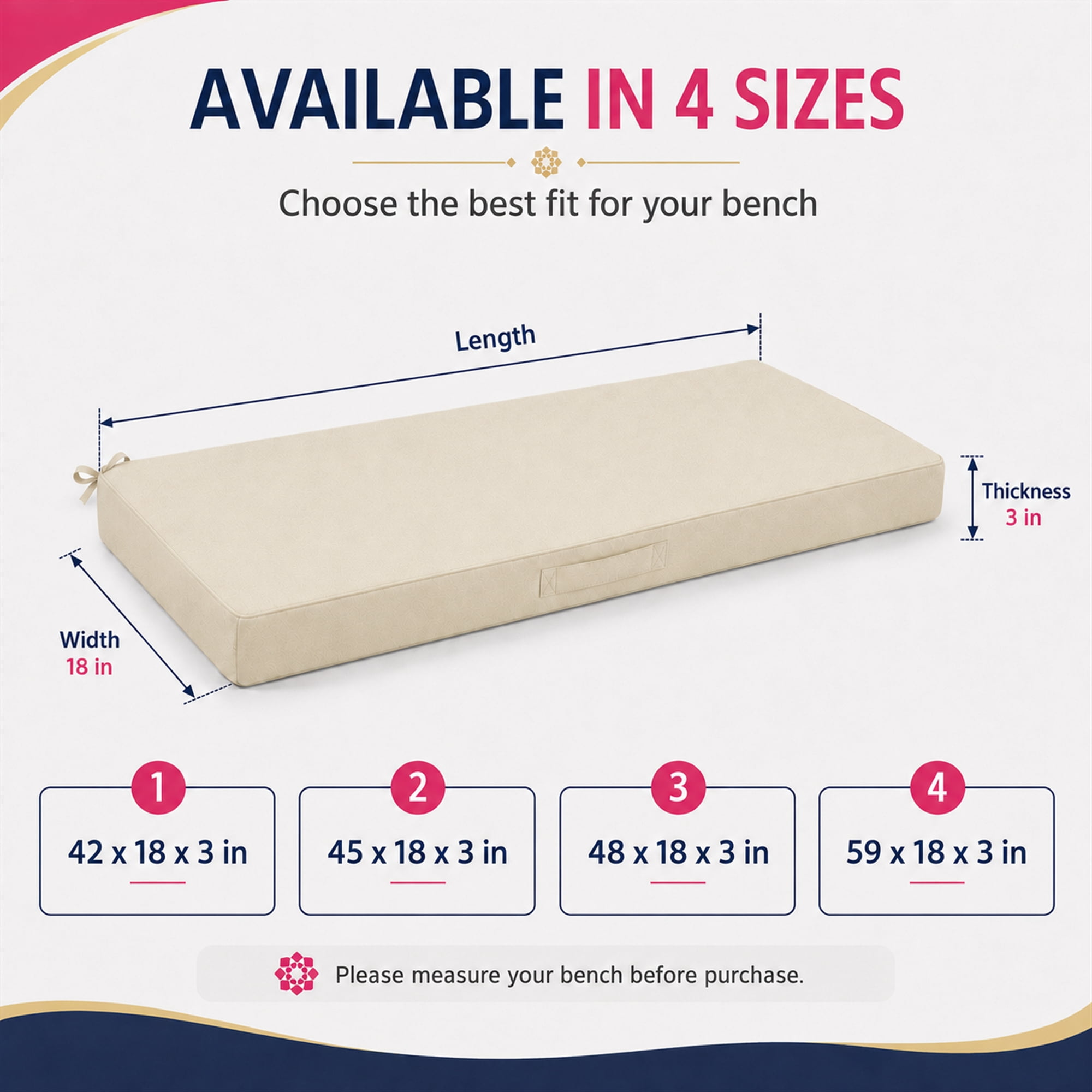 Millsilo 45" x 18" x 3" Outdoor Bench Cushion with Removable Cover, Water-Repellent UV Fade-Resistant Patio Cushion, High-Density Foam, Non-Slip Ties, Beige