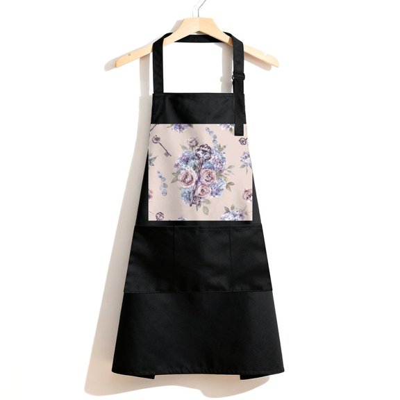 RKSupls Waterproof Bib Apron with 3 Pockets, Hydrangea Roses Keys Pattern Adjustable Neck Strap Soft Polyester Water Resistant Apron for Kitchen Restaurant Home Use