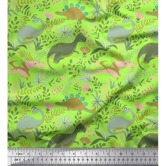 Soimoi Satin Silk Fabric Leaves,Floral & Dinosaur Jungle Print Fabric by Yard 42 Inch Wide