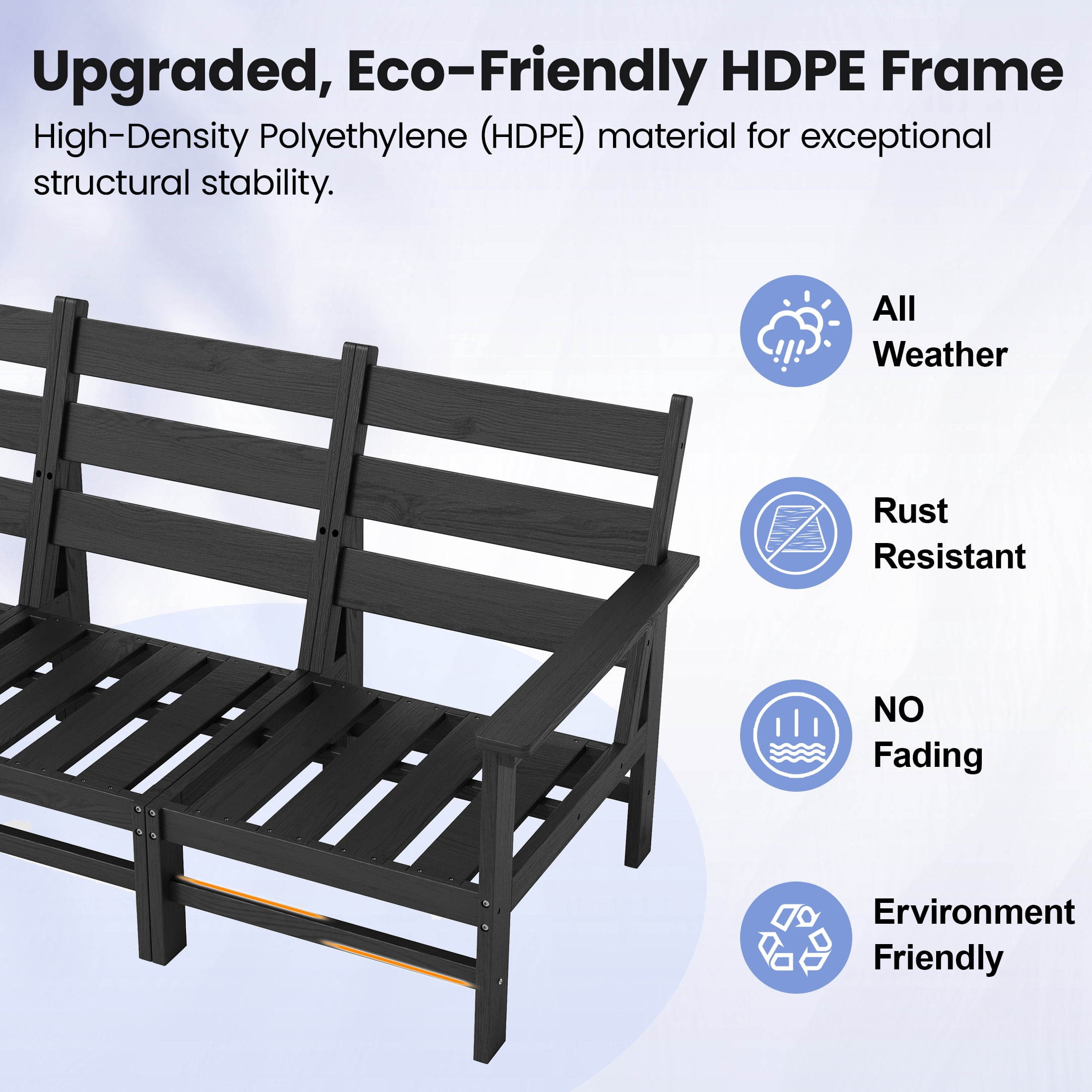 UDPATIO HDPE Patio Conversation Set, 6-Piece Sectional Outdoor Furniture Set, All-Weather Outdoor Couch Set for Deck, Lawn, Black Frame with Beige Cushion