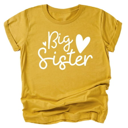 

Olive Loves Apple Cursive Big Sister Hearts Sibling Reveal T-Shirt for Baby and Toddler Girls Sibling Outfits Mustard Shirt 2T