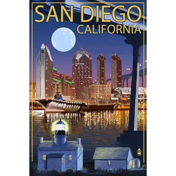 Art.com San Diego, California - Skyline at Night Art Print by Lantern Press, 12" x 18"