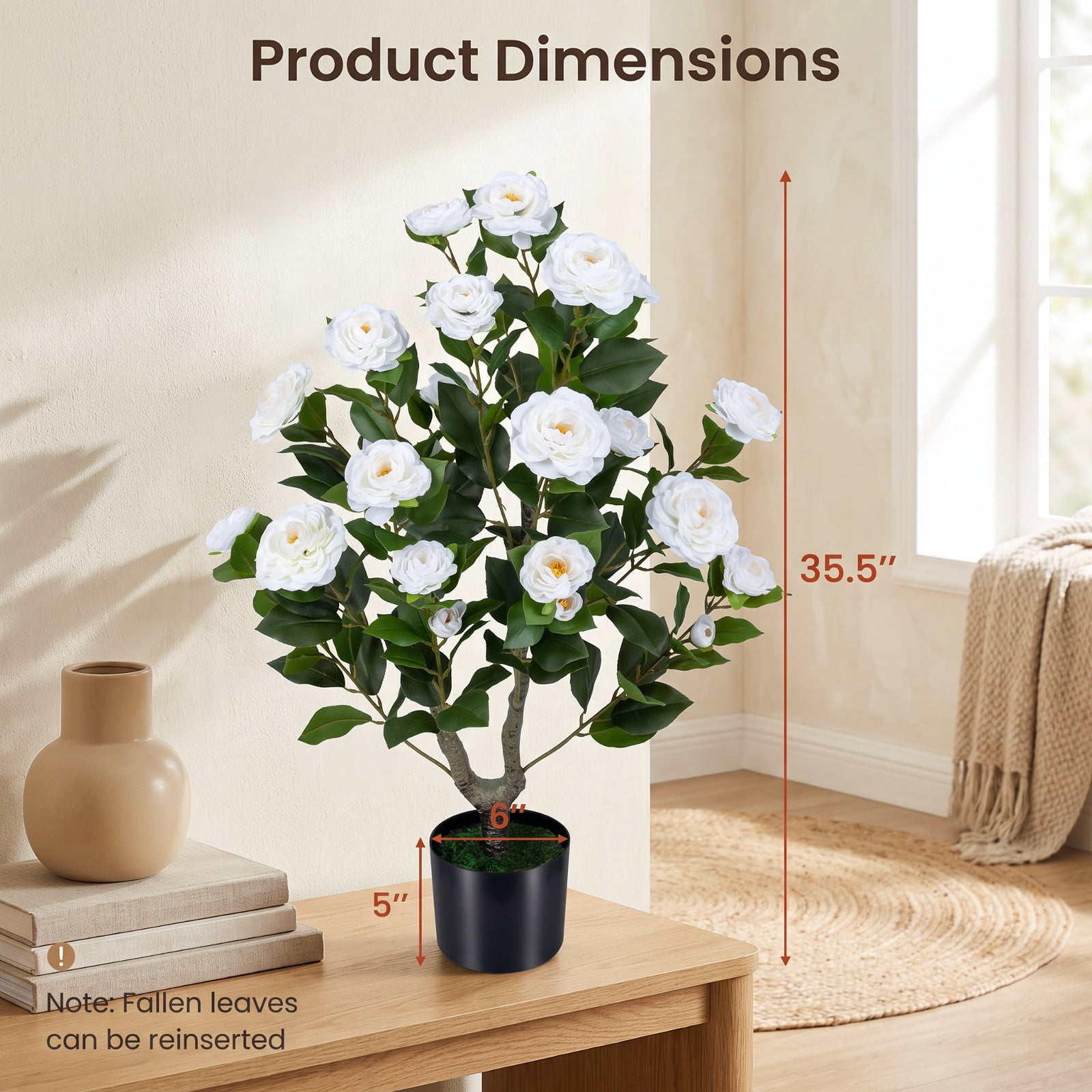 Vebreda Artificial Plant Decor, 2-Pack Artificial Camellia Tree Faux Flower Plant in Cement-Filled Pot, Lifelike & Elegant Design