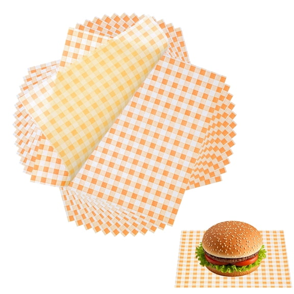 Uxcell 200 Pcs Wax Paper Sheets for Food, 7 x 7 Inch Greaseproof Wrapping Paper Sheets, Checkered Square Food Basket Liners for Sandwich Hamburger Bread, Yellow