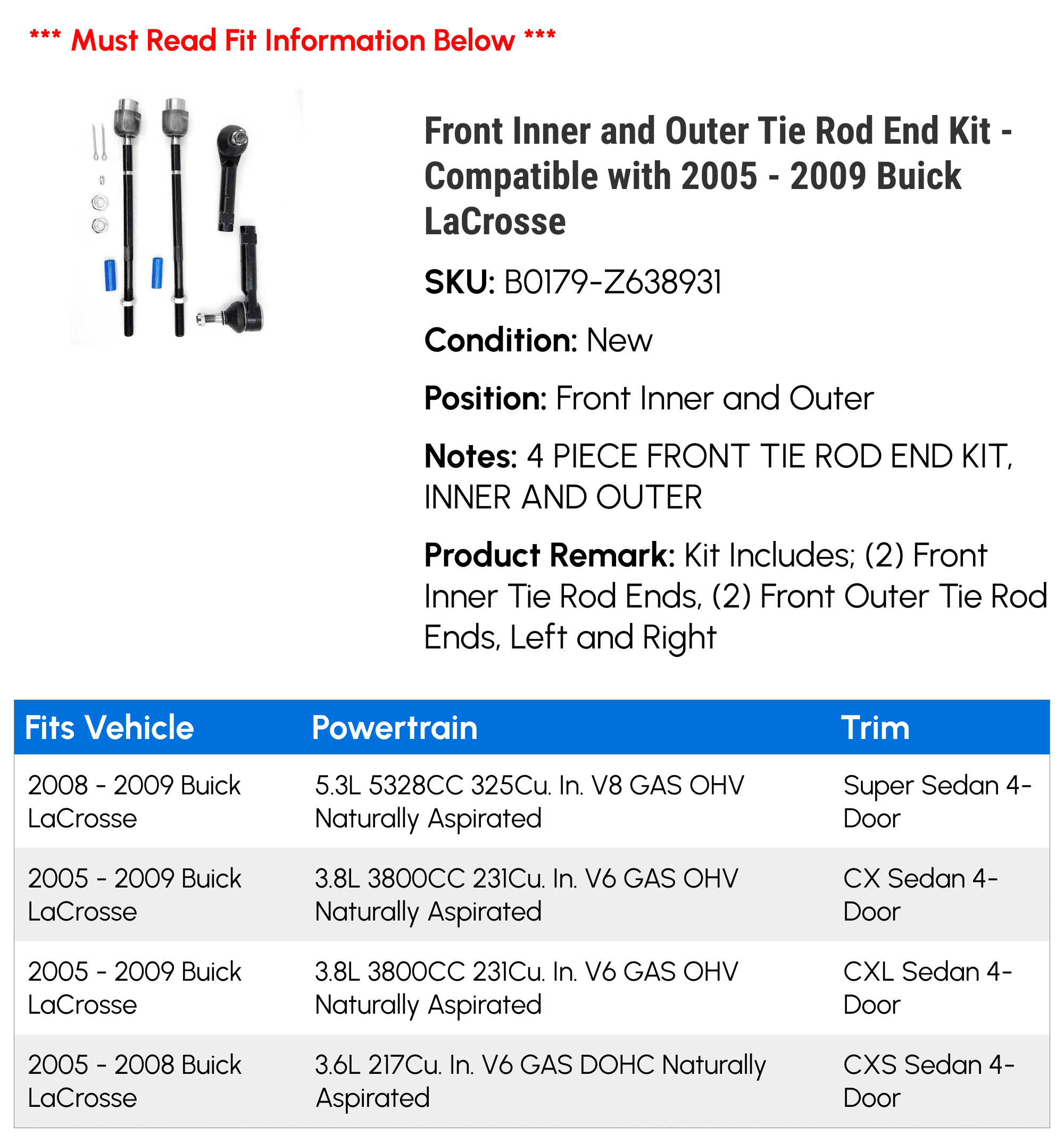 Front Inner and Outer Tie Rod End Kit - Compatible with 2005 - 2009 Buick LaCrosse 2006 2007 2008