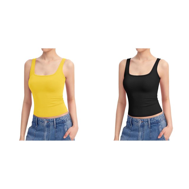 (Lot de 2) Rinsvye Débardeur à Encolure Carrée pour Femmes Camisole Ample en Coton Sans Manches Doublée pour Adolescentes avec Soutien-Gorge Intégré Collection Basique