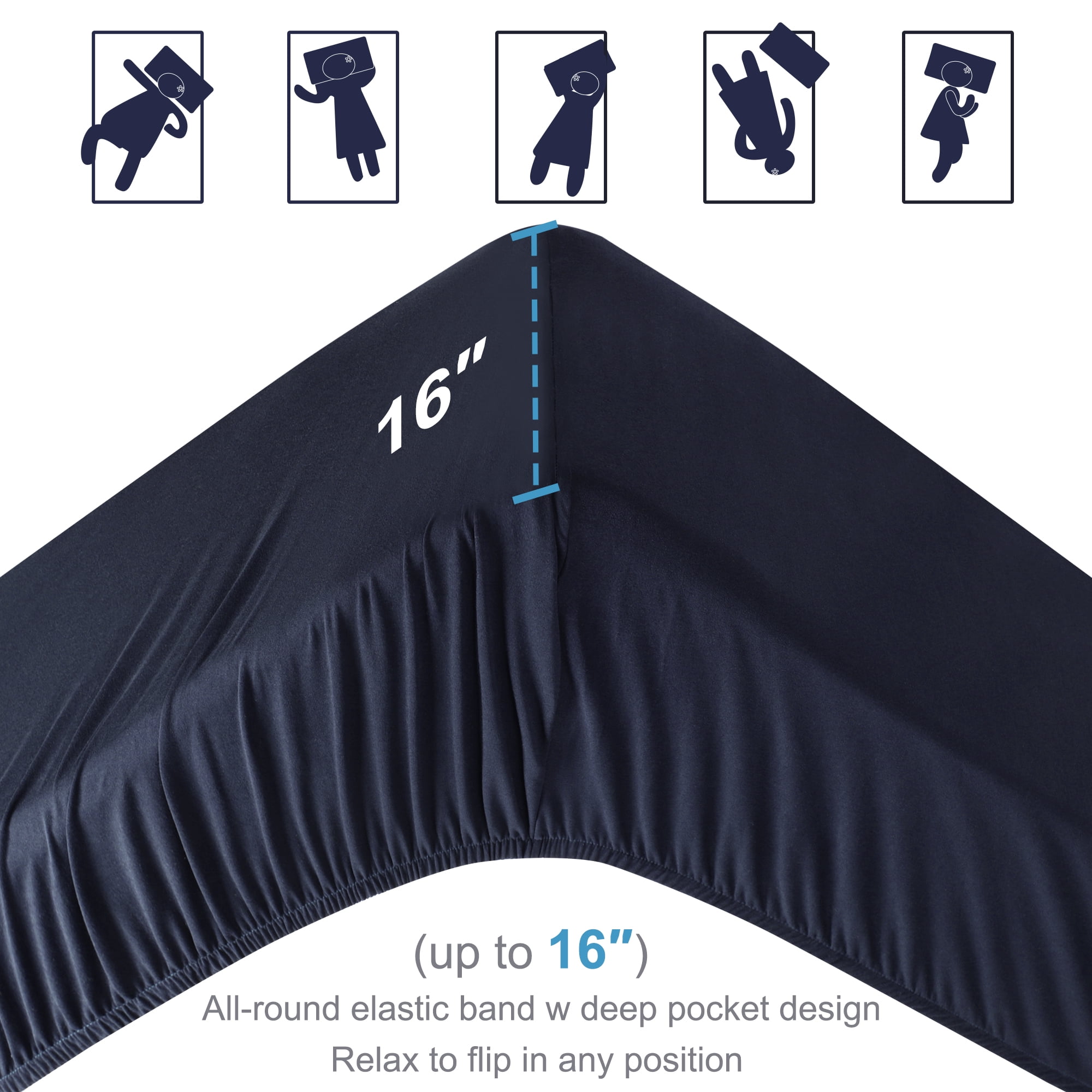 Unique Bargains Soft 190GSM Queen 16 Inch Deep Pocket Fitted Sheets Navy Blue Twin