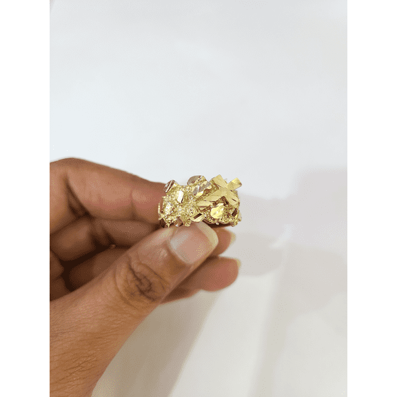 Real 10k Nugget Cross Ring Yellow Gold Men 10Kt Genuine (Size:7;)
