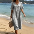 thumbnail image 2 of Admvng Womens Casual Dress Short Sleeve Pockets V Neck Flowy Summer Linen Dress, 2 of 9