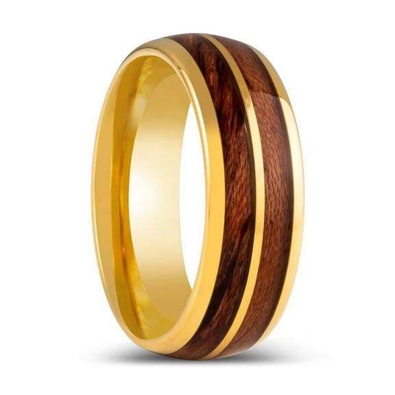 KOAFLARE | Gold Tungsten Ring, Split Koa Wood Inlay, Domed
