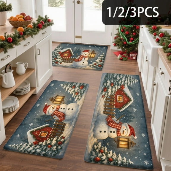 3PCS Kitchen Mat set, Welcome Door Flannel Rug,Home Decor for Front Door,Kitchen, Bathroom, Snowman Houses In Winter Scene ,Great Christmas Housewarming gift for Family and Friends.