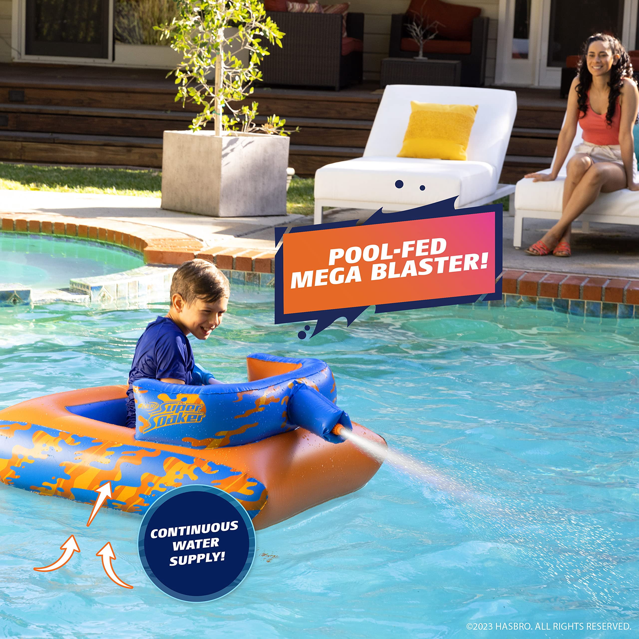 NERF Super Soaker Megaforce Battle Tank Inflatable Pool Float with Pool-Fed Mega Water Blaster