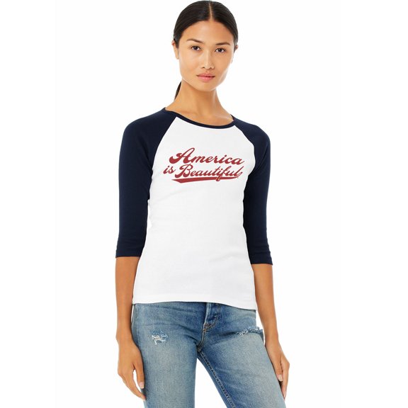 America Is Beautiful Vintage Raglan Jersey Women’s Graphic T-Shirt in Blue