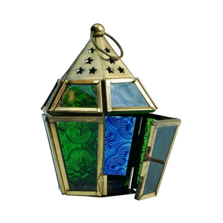 In the Breeze 9205 — Blue & Green Mini Hex Tealight Lantern — Moroccan-Style Boho Chic Tealight Glass and Metal Tabletop Lantern