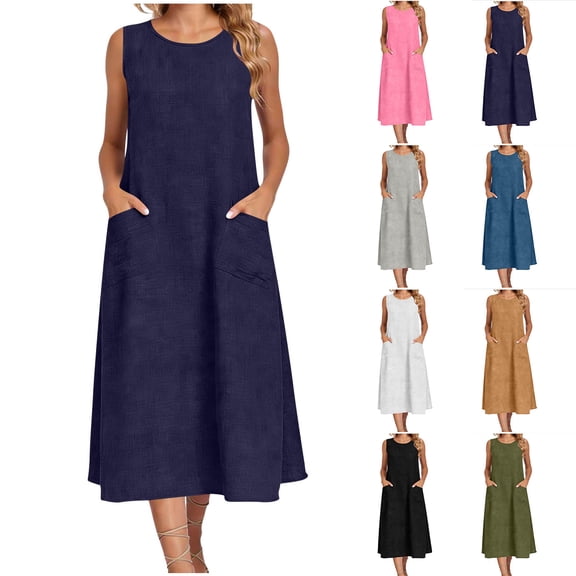 YODETEY Women’s Linen Blend Sleeveless Pocket Midi Dress,Women's & Women's Plus Gray,Size S-2XL