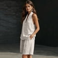 thumbnail image 4 of Linen Outfits Women 2 Piece Fashion Sleeveless V Neck Halter Top Matching Baggy Wide Leg Short Pants Set Summer Casual Outfits, 4 of 6