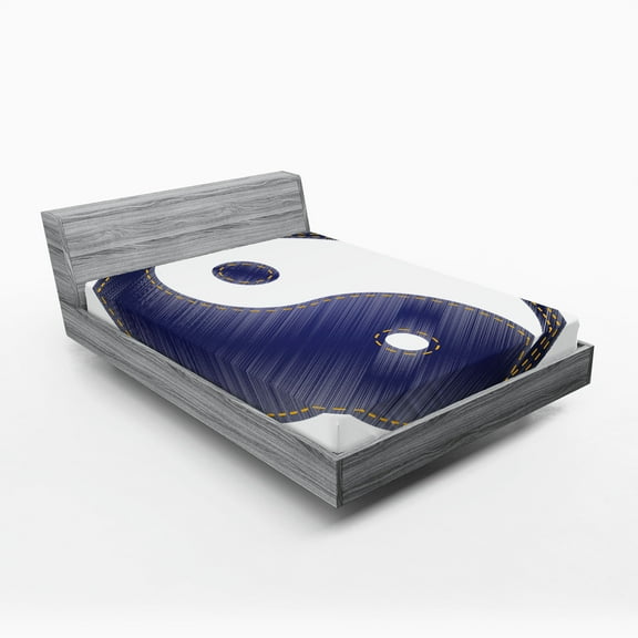 Ambesonne Ying Yang Fitted Sheet, Harmony Theme, Full Size, White and Blue