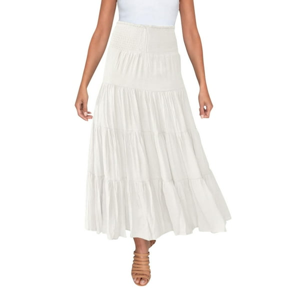 Womens Skirt Knee Length Skirt Women's Summer Elastic High Waist Boho Maxi Skirt Casual Drawstring A Line Long Skirt Adult Female Clothes White Size L