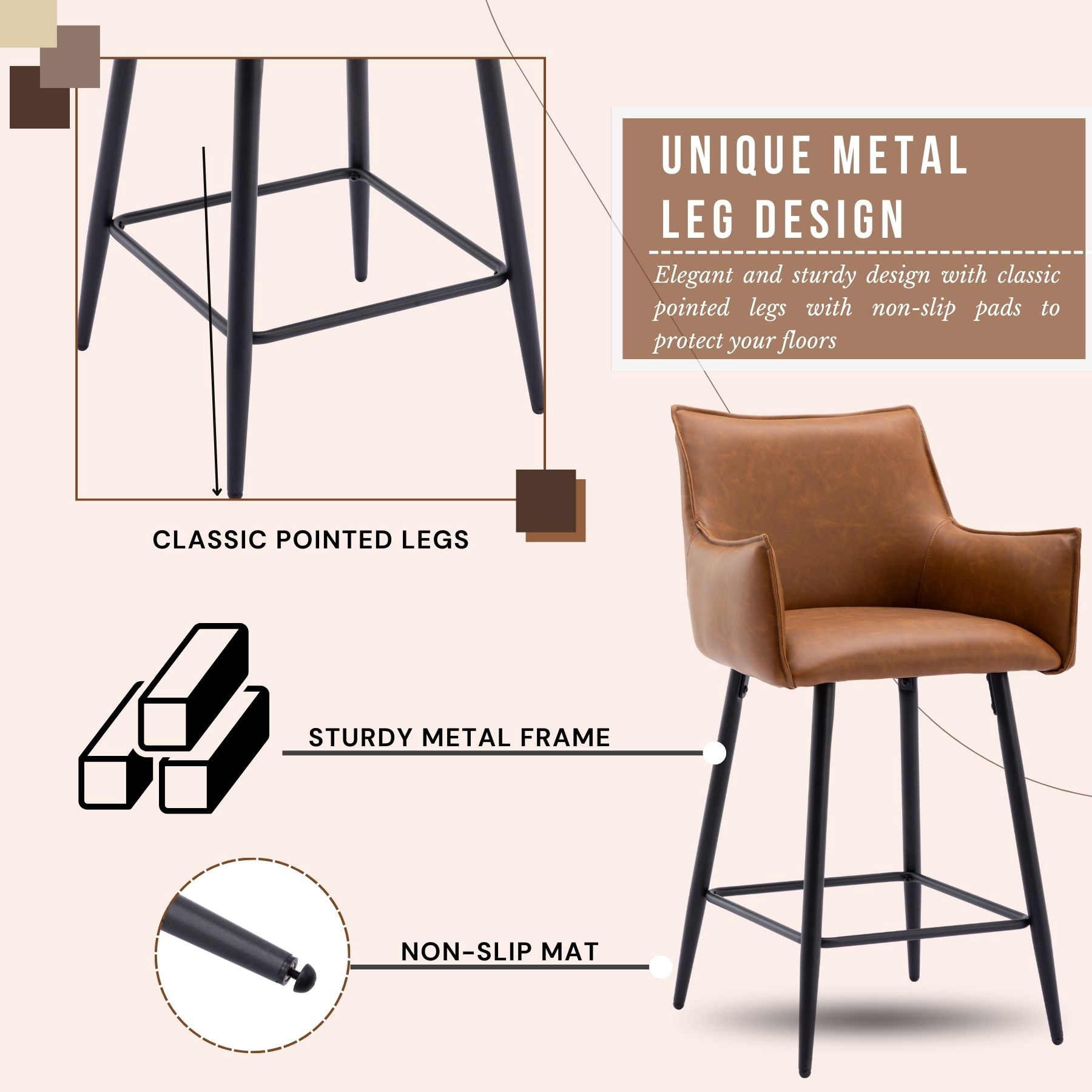 Dayalane 26" Counter Height Bar Stools Set of 2, Modern Faux Leather Upholstered Barstools with Back and Footrest, Kitchen Island Bar Stools with Armrests for Pub Home Bar Dining Room Bistro, Brown