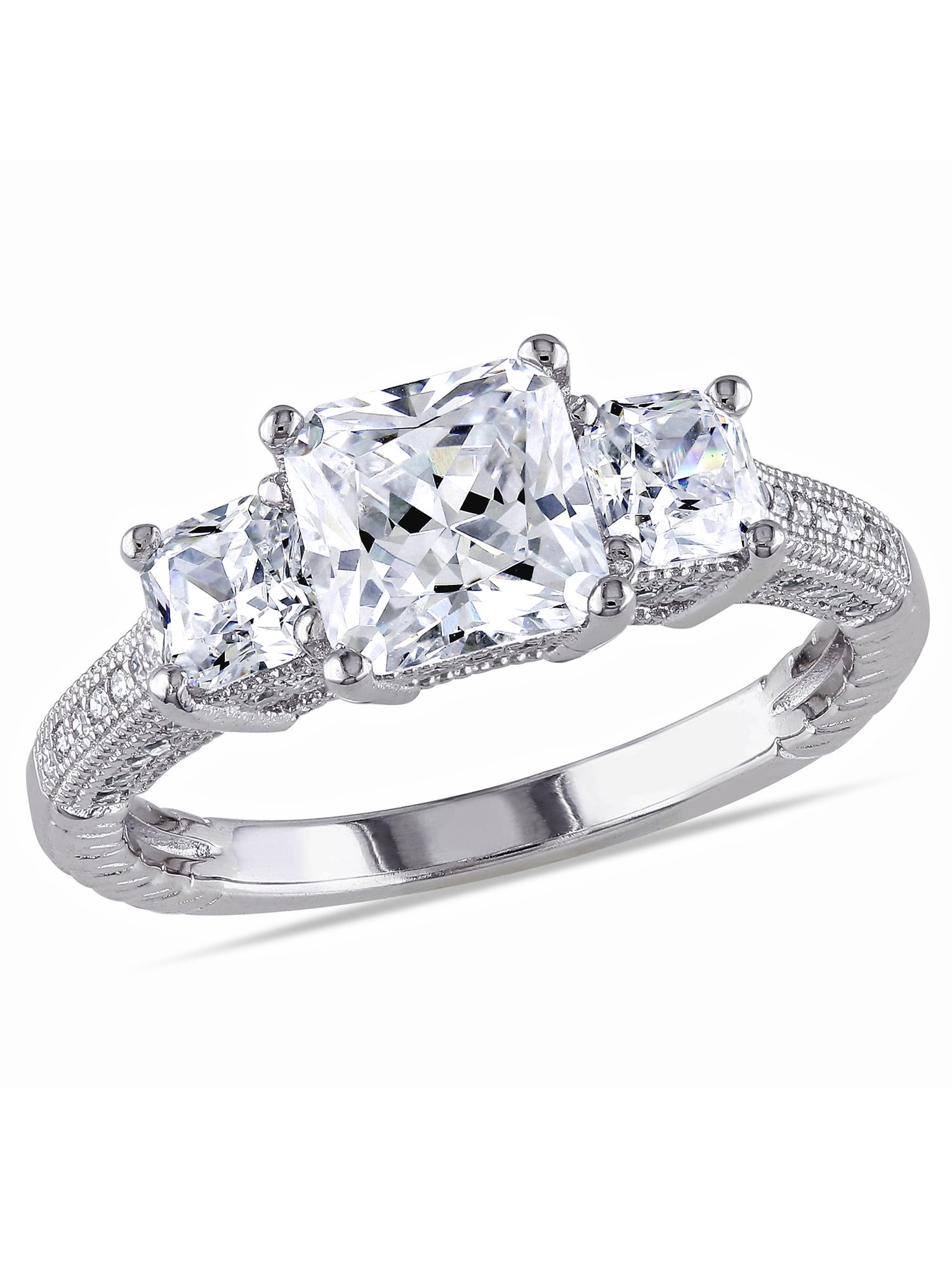 Precious Gem Jewellers Sterling Silver Three Stone Princess Cut Cubic Zirconia Engagement Ring