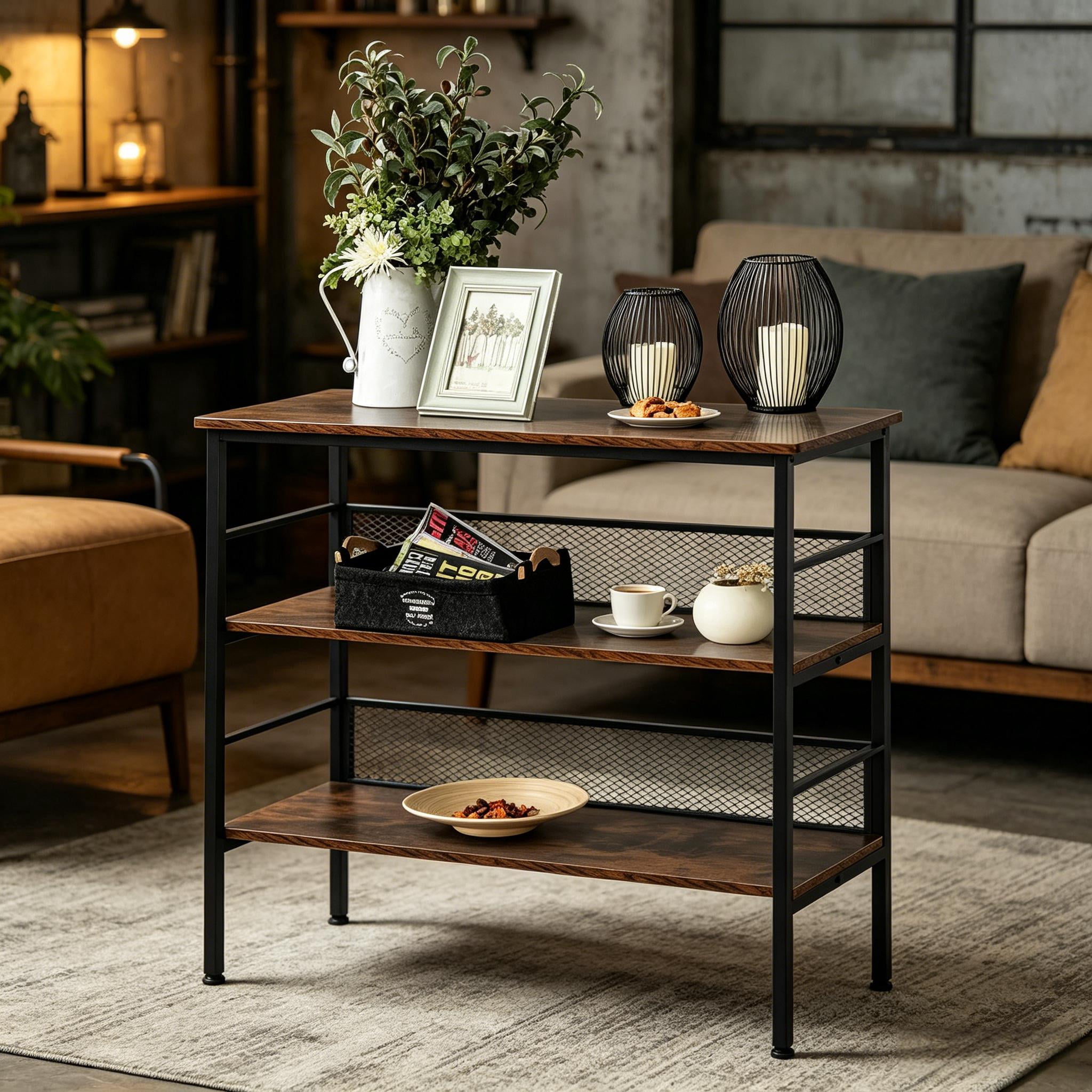 3-Tier Industrial Open Storage Shelving Unit, Brown & Black Standing Display Rack with Anti-Fall Metal Back Panels, Adjustable Feet Organizer for Living Room Study