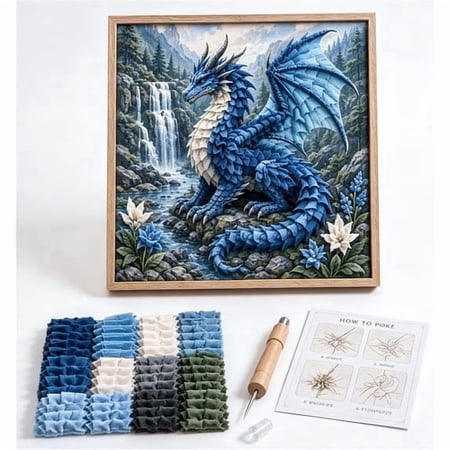 Dragon 3D Fabric Poke Art Kit Relaxing DIY Craft Set for Beginners with Pre-Cut Fabric Pieces No-Sew Poke Tool and Frame Creative Art for Shelves and Desks Blue Dragon