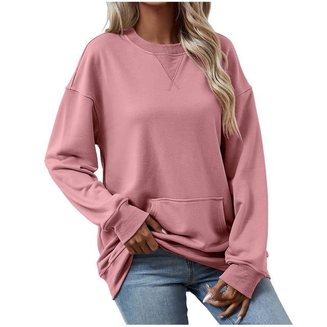 Yuyuzo Womens Sweatshirt Long Sleeve Shirts CrewneckPullovers Solid Color Oversized Tops with Pockets