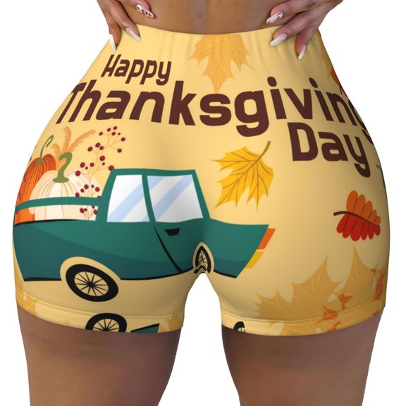 Seamless Workout Shorts Women - Happy Thanksgiving Day Biker Gym Running Yoga Spandex Shorts for Women