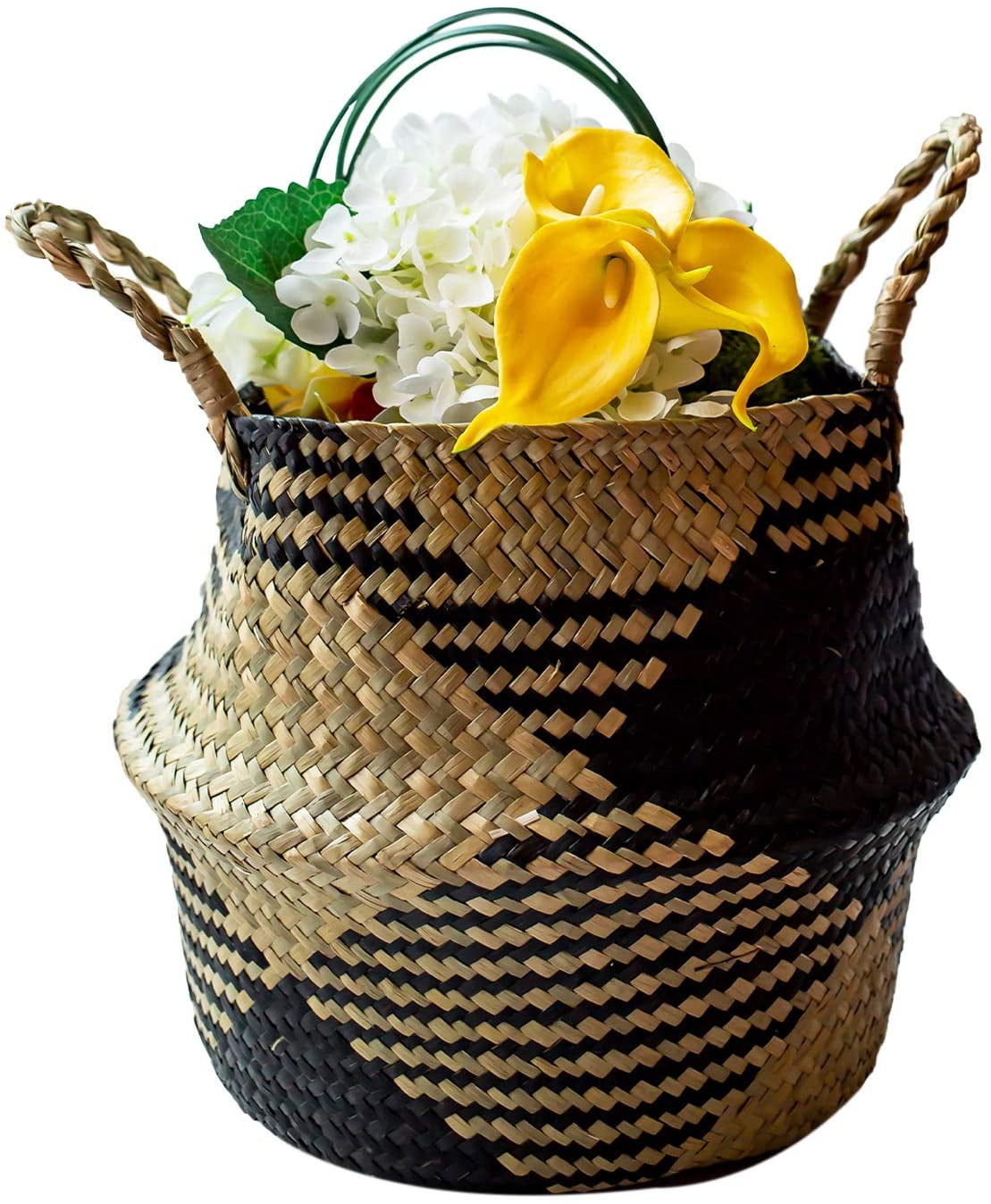 Storage Basket Bag with Handles Natural Seagrass Hand-Woven Plant Pot Cover 