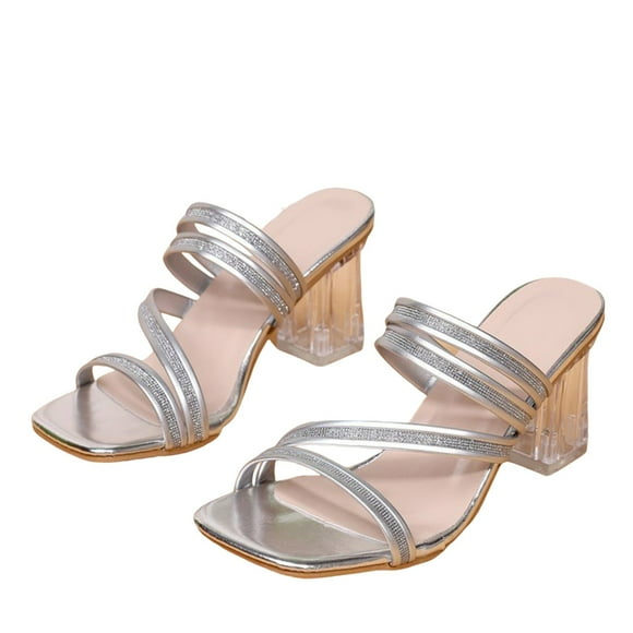 Heeled Sandals for Women Clear Transparent Heel Rhinestone Straps Square Toe Straps Slide Crystal Heels Silver