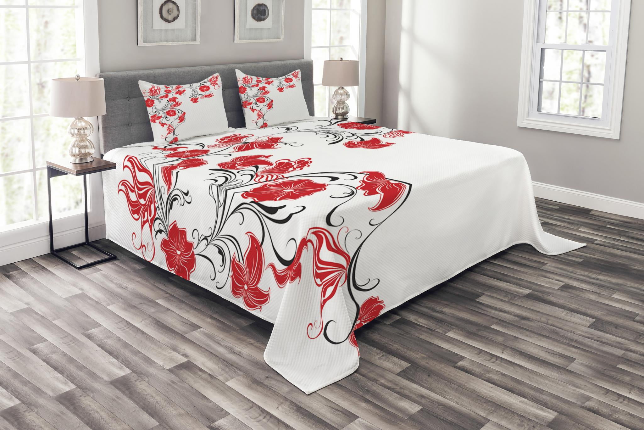 Red and Black Bedspread Set Queen Size, Japanese Asian Design Flowers