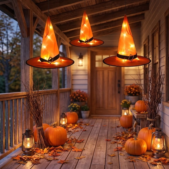 Light Up Hanging Witch Hat Ornaments, LED Fabric Wizard Hat Lamp, 6 Colors Available, Outdoor Porch Yard Halloween Hanging Decor