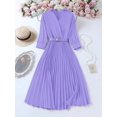 thumbnail image 5 of Lilac Purple Wrap Maxi Dress With Pleated Skirt, Belted Waist, V-Neck, Long Sleeve, 5 of 8