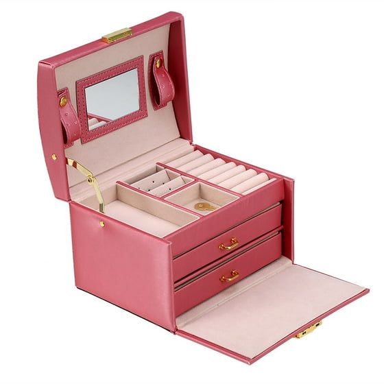 Walfront 3 Layer Girls Leather Jewelry Box And Organizer Watch Storage Lockable Mirrored Case For Women Pink