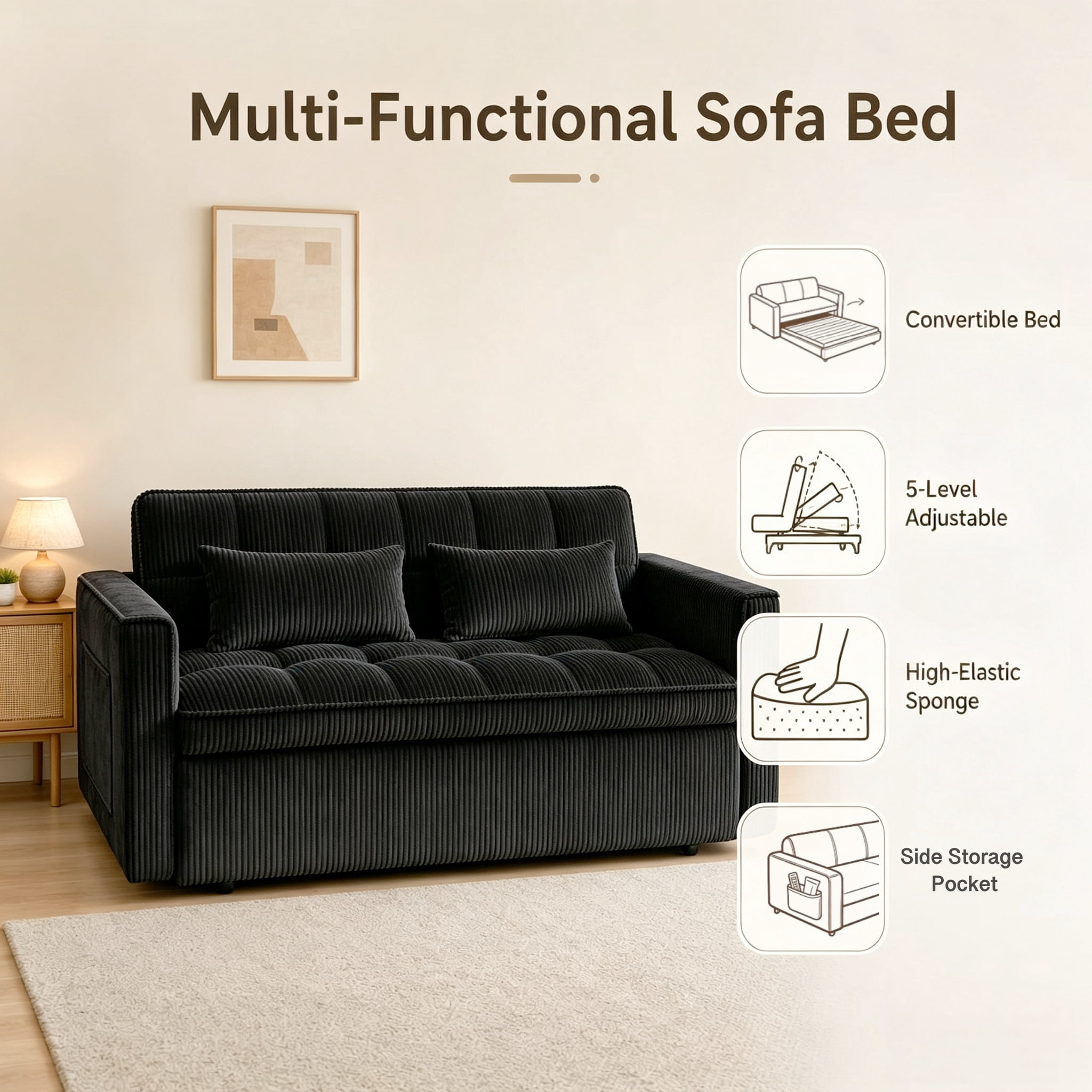 Wakefit 54" 3 in 1 Convertible Sleeper Sofa Bed, Corduroy Loveseat Couch Bed Sofa Pull Out with 5-Position Adjustable Backrest, Storage Pockets, Lumbar Pillows for Living Room, Black