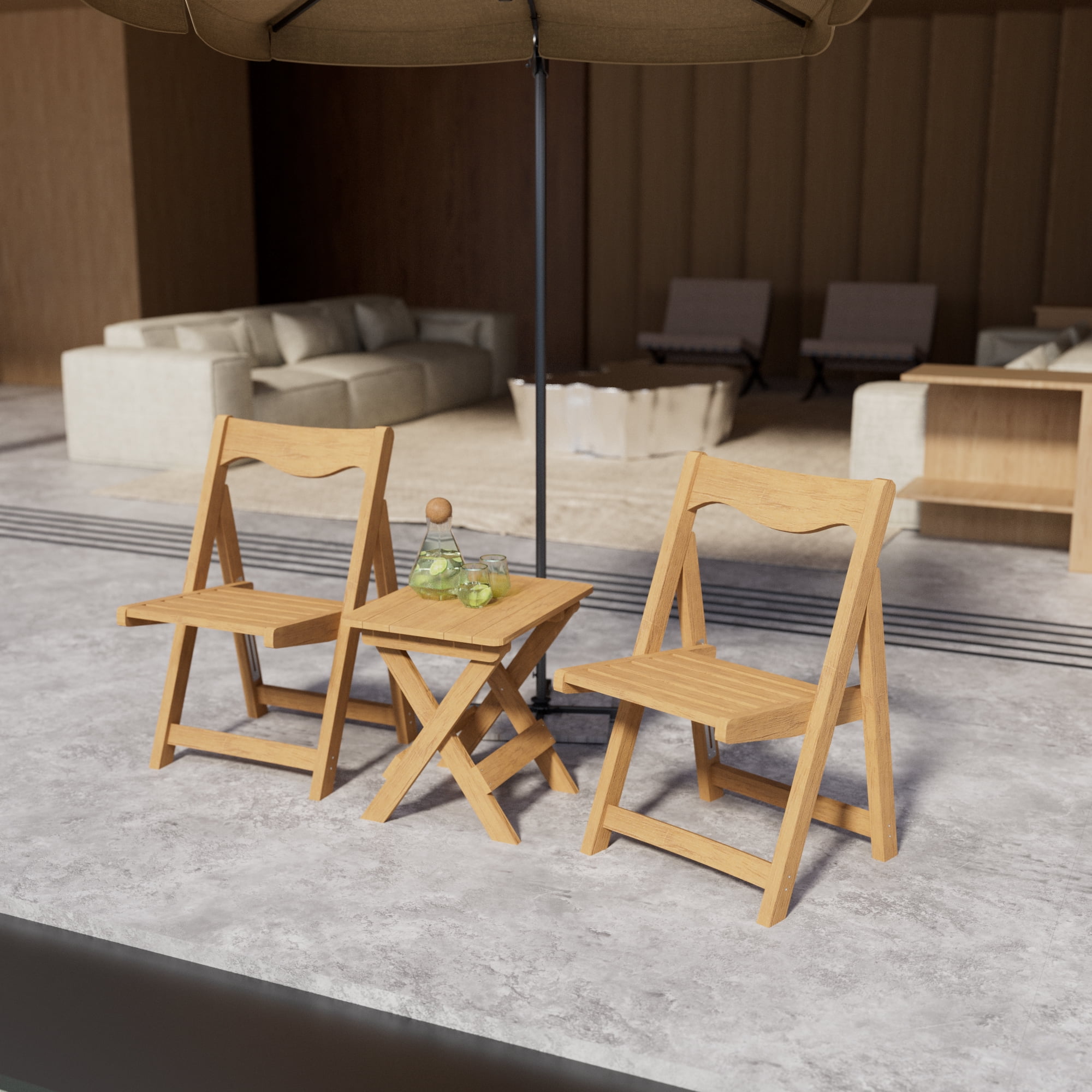 Outdoor Bistro Set, Foldable Small Table and Chair Set with 2 Chairs for Small Spaces, Teak