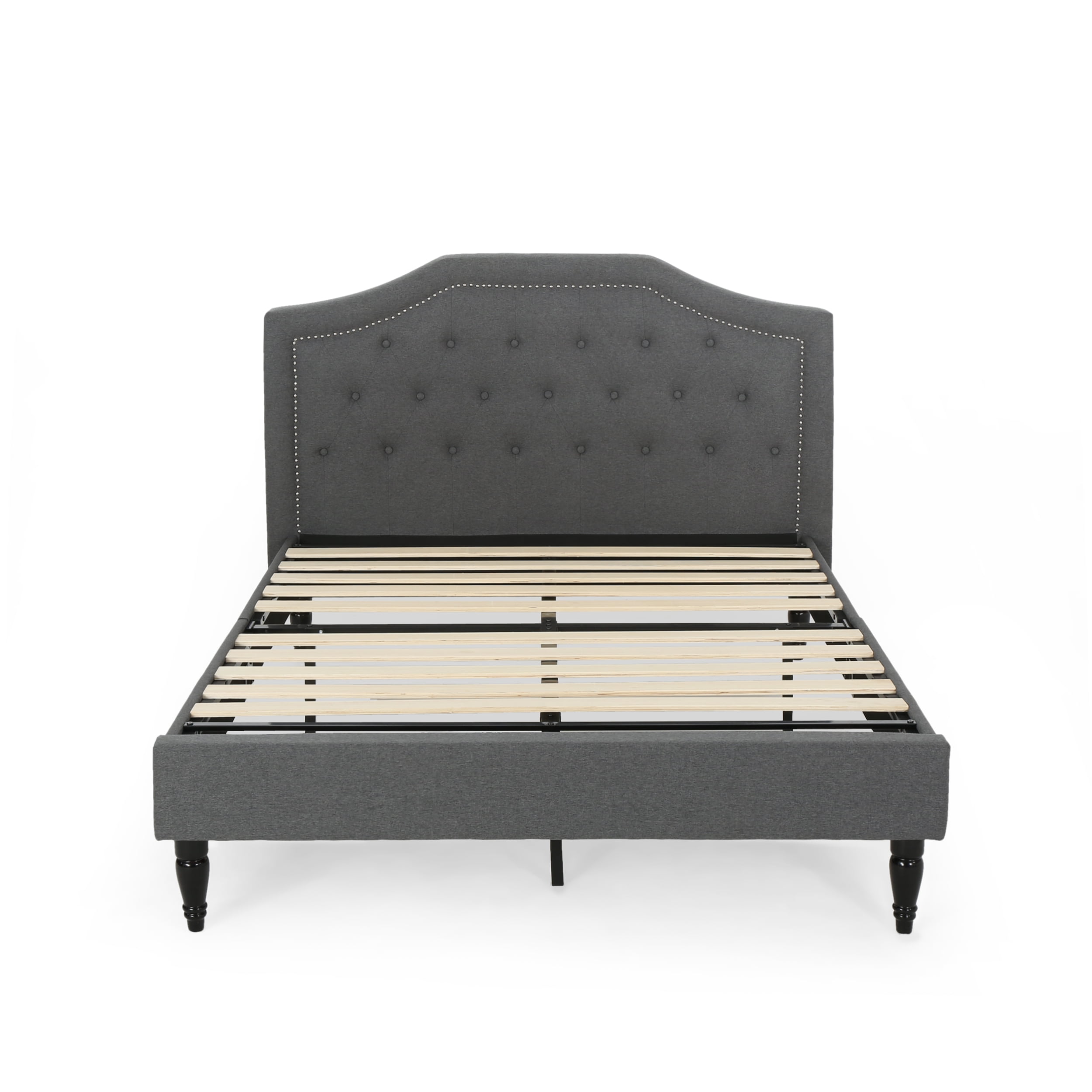 Noble House Rigley Contemporary Low Profile Fully Upholstered Fabric Platform Bed Frame, Queen, Charcoal Gray