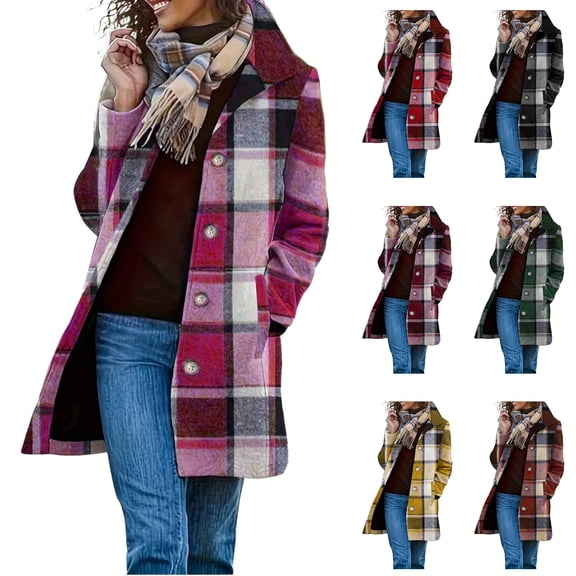 NSLGXD Long Flannel Jackets Women Long Sleeve Button Down Plaid Shirts Fall Winter Oversized Lapel Collared Shacket 2026 Trench Coat with Pockets S-2XL
