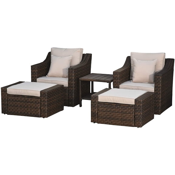 Outsunny 5-Piece PE Rattan Outdoor Patio Armchair Set with 2 Chairs, 2 Ottomans, Coffee Table Conversation Set, & Durable Build, Beige Brown